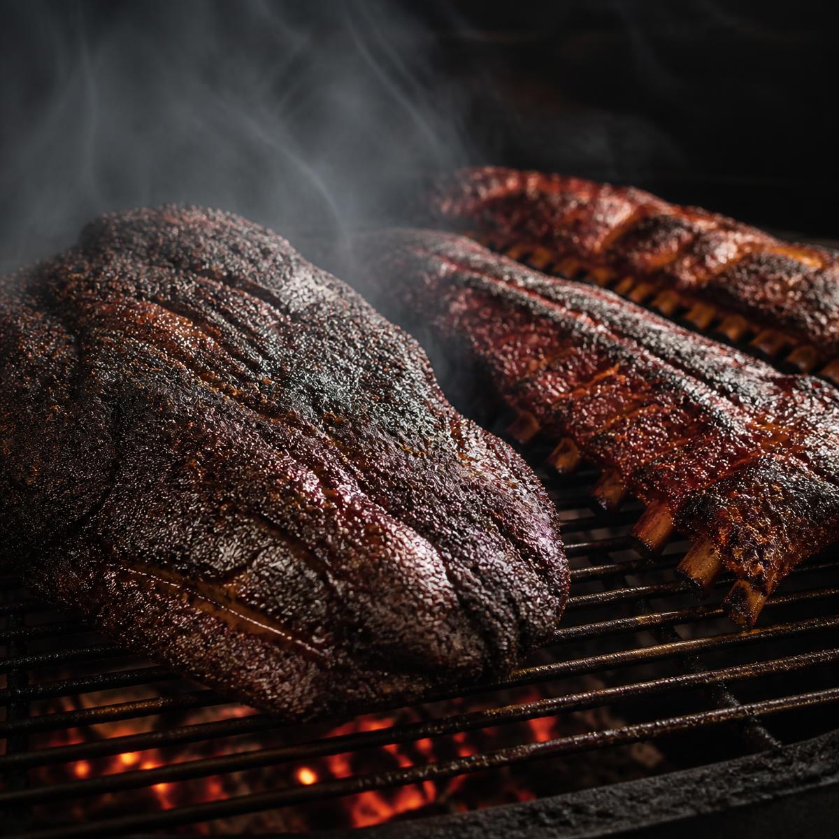 Smoked brisket and ribs resting on a grill grate over glowing coals